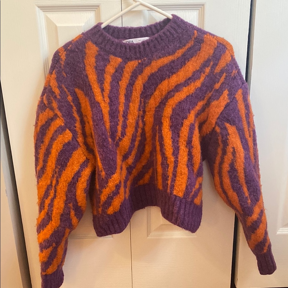 Zara Purple and Orange Crew Neck Sweater with Abstract Design